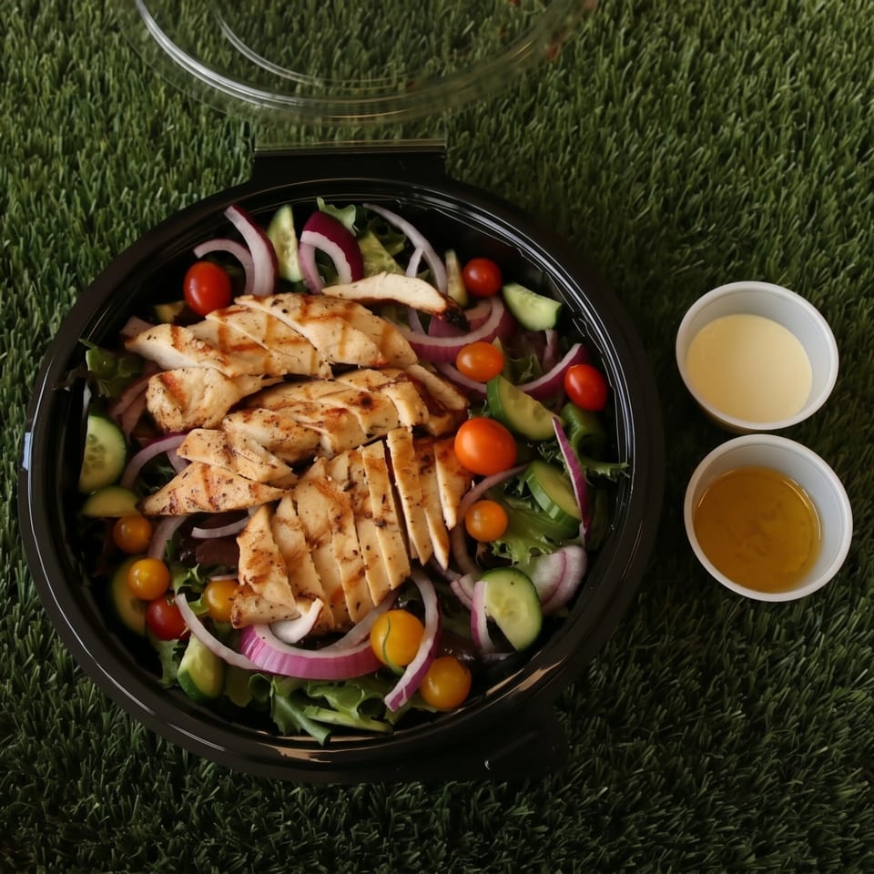 Grilled chicken salad with cherry tomatoes, cucumbers, and red onions, with two dressings on artificial grass.